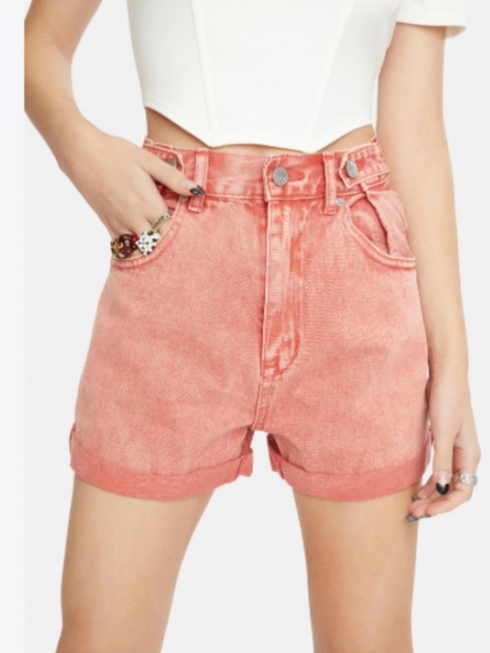 BDG Washed Coral High-Rise Rolled Hem Jean Shorts